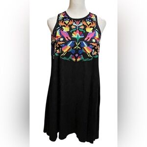 JUDITH MARCH Black Vibrant Embroidered Tank Dress with back Keyhole Tassel Sz M
